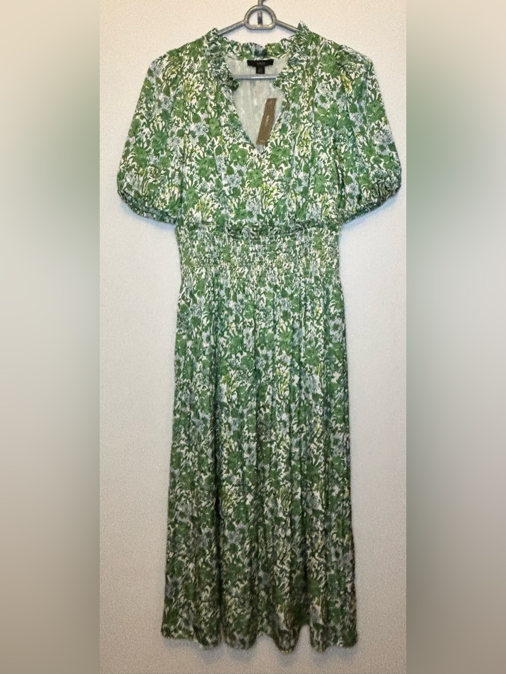NWT J.Crew Smocked Featherweight Satin Dress Green White Floral Size XS
